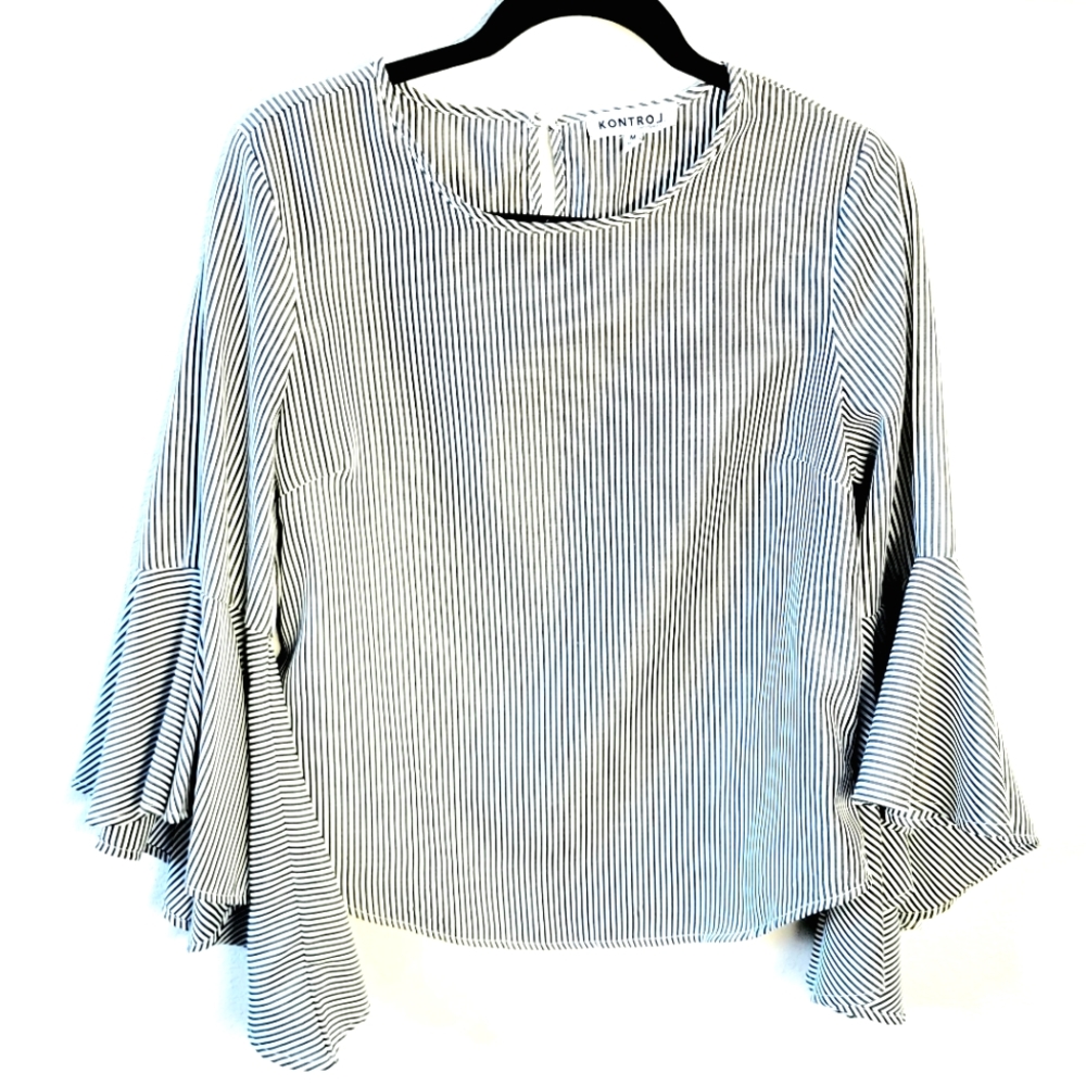 KONTROL | vertical stripe flared sleeves light formal blouse.